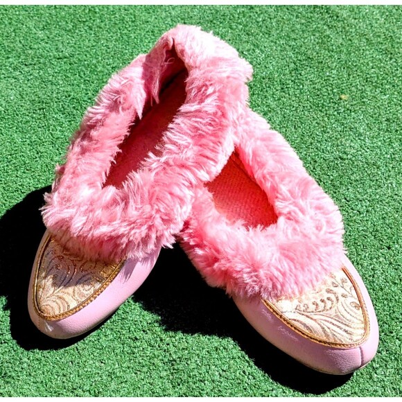 Vintage 1960s Hot Pink Genie Fuzzy Faux Fur Gold Pattern Womens Sz8 Slippers EUC - Picture 1 of 6